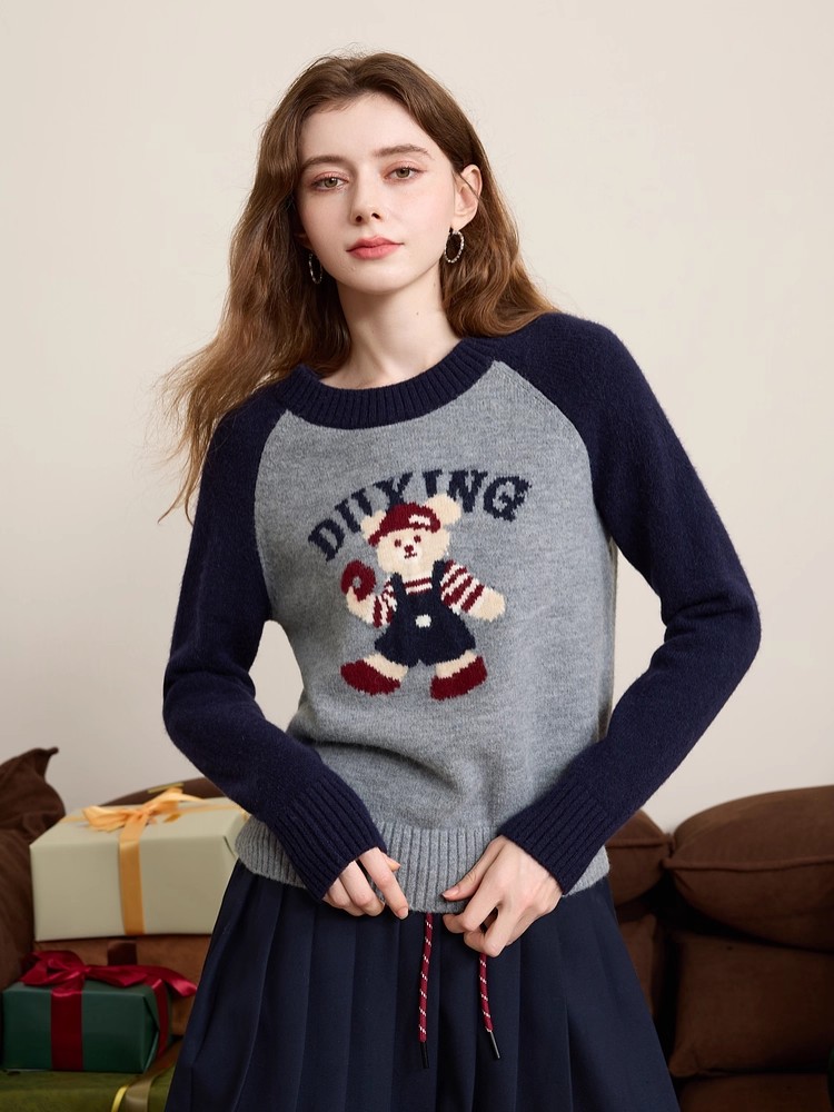 Mixed colors round neck spring jacquard raglan sleeve sweater