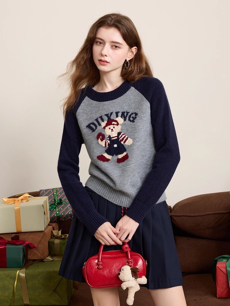 Mixed colors round neck spring jacquard raglan sleeve sweater