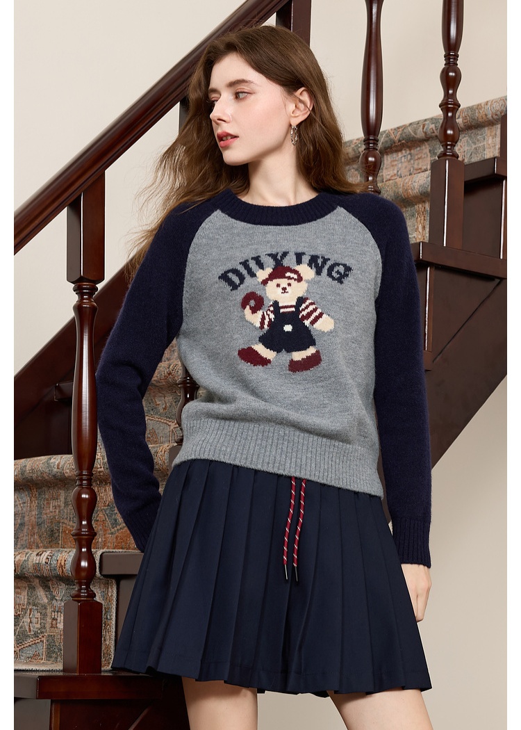 Mixed colors round neck spring jacquard raglan sleeve sweater