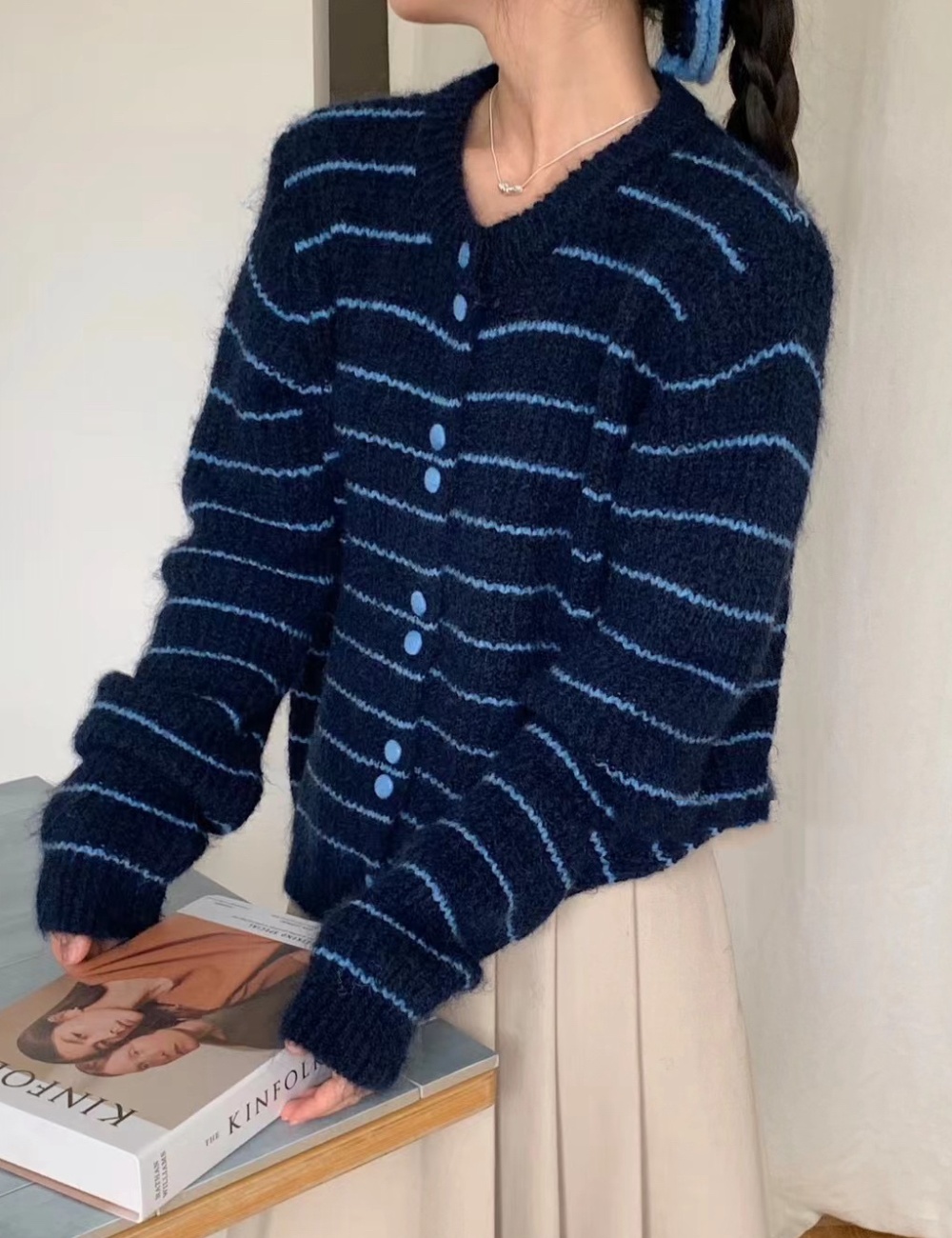 Beige stripe cardigan long sleeve all-match tops