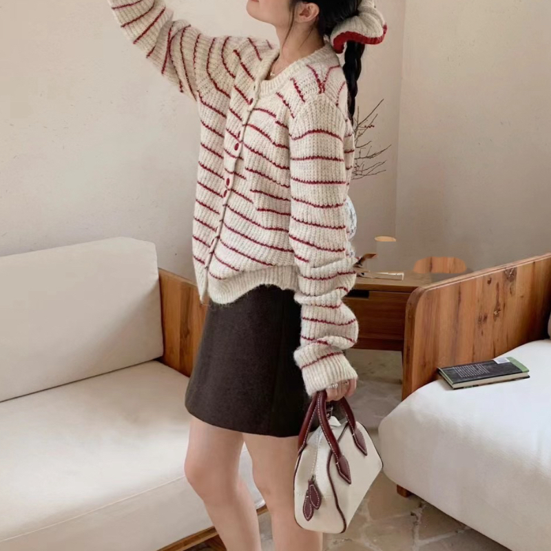 Beige stripe cardigan long sleeve all-match tops