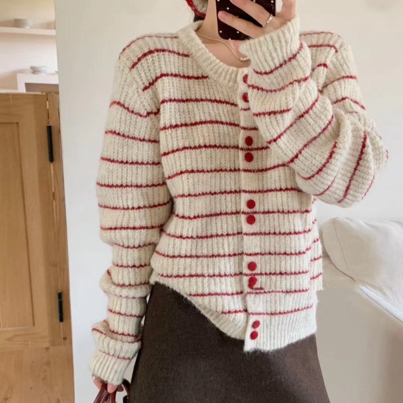 Beige stripe cardigan long sleeve all-match tops