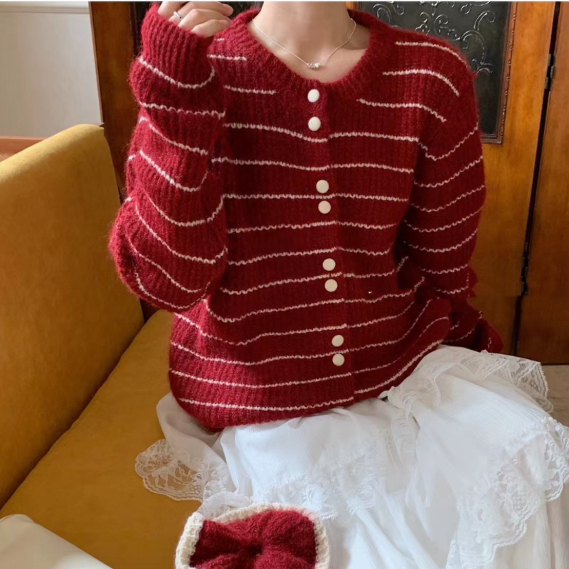 Beige stripe cardigan long sleeve all-match tops