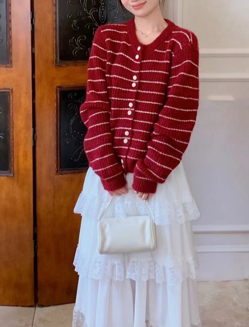 Beige stripe cardigan long sleeve all-match tops