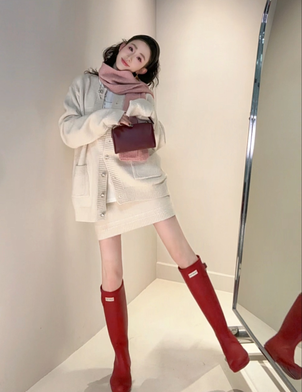 Elastic waist short skirt spring and autumn sweater a set
