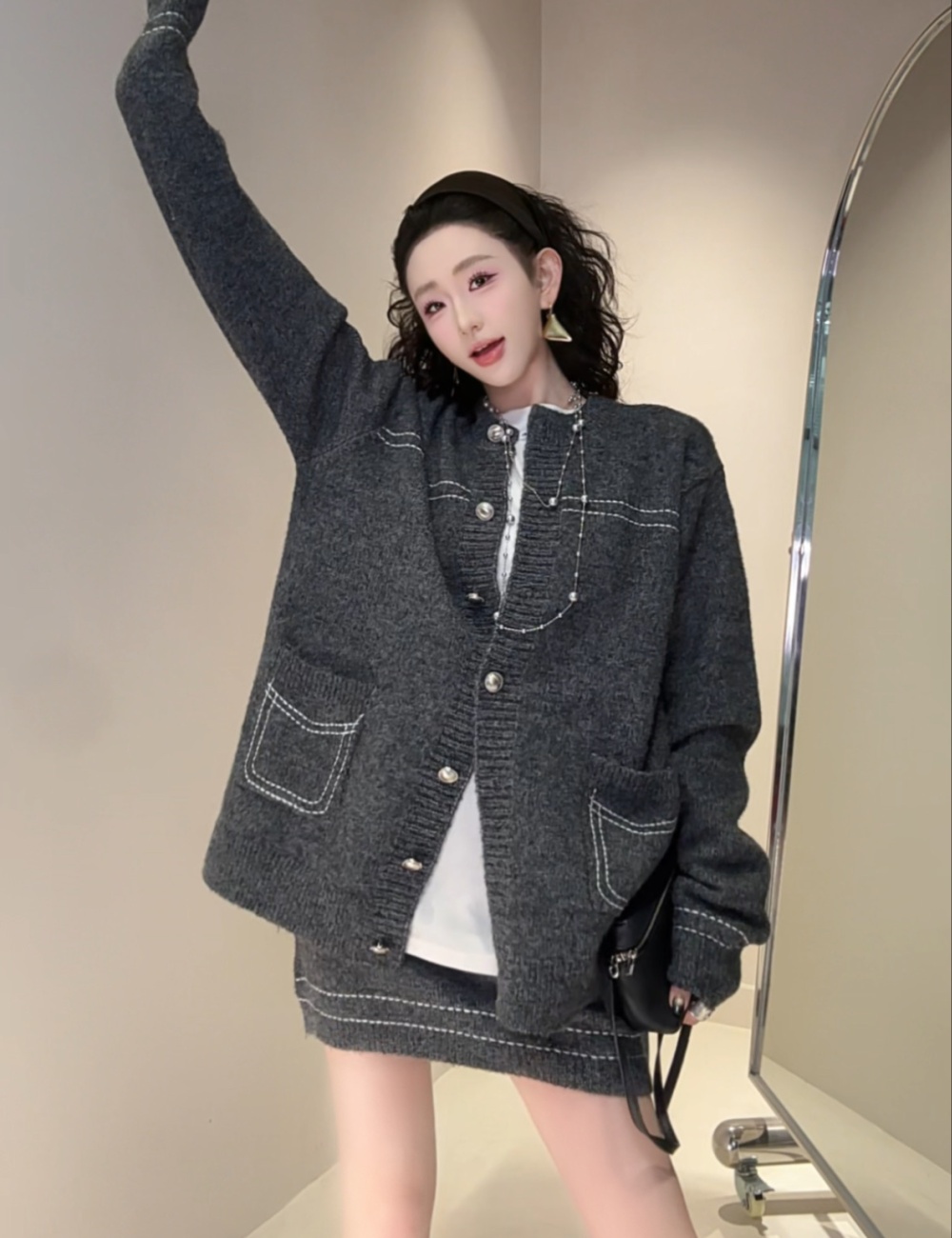 Elastic waist short skirt spring and autumn sweater a set