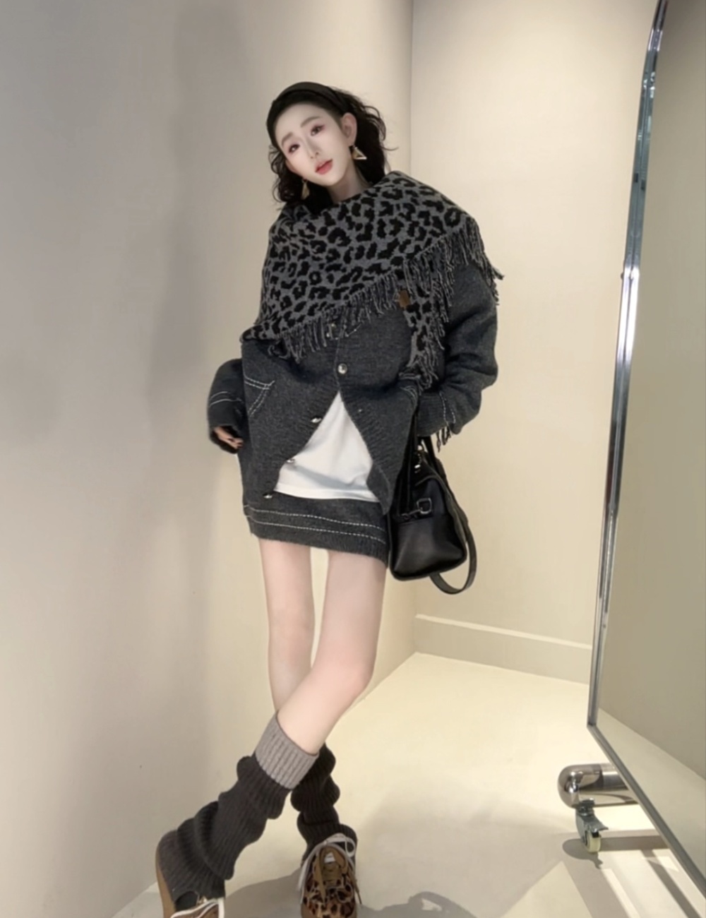 Elastic waist short skirt spring and autumn sweater a set