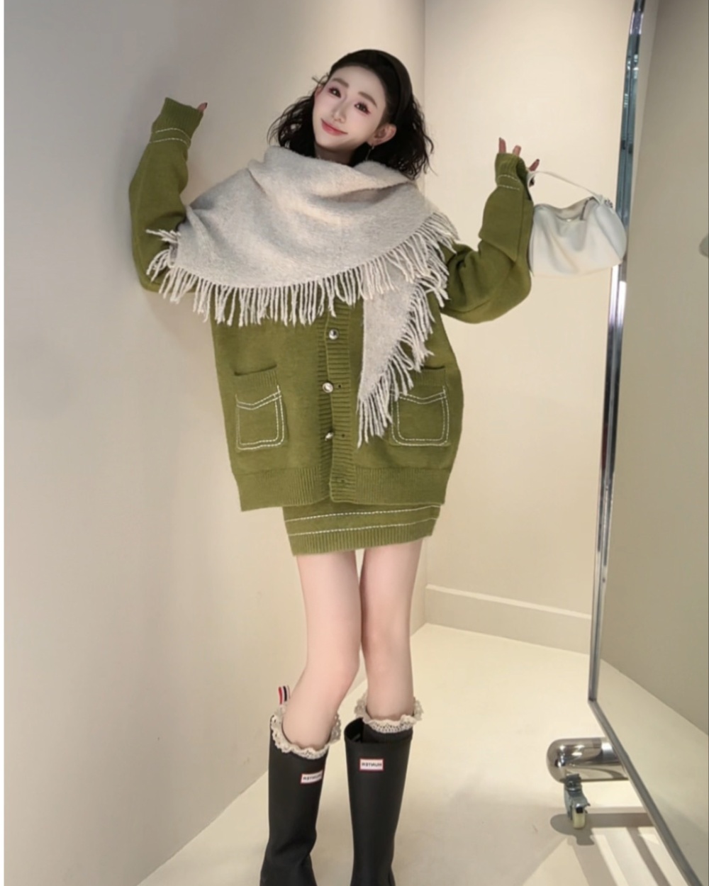 Elastic waist short skirt spring and autumn sweater a set