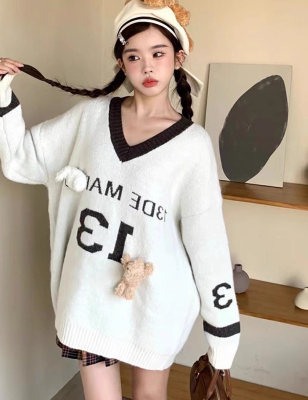 V-neck loose slim tops autumn and winter lazy sweater