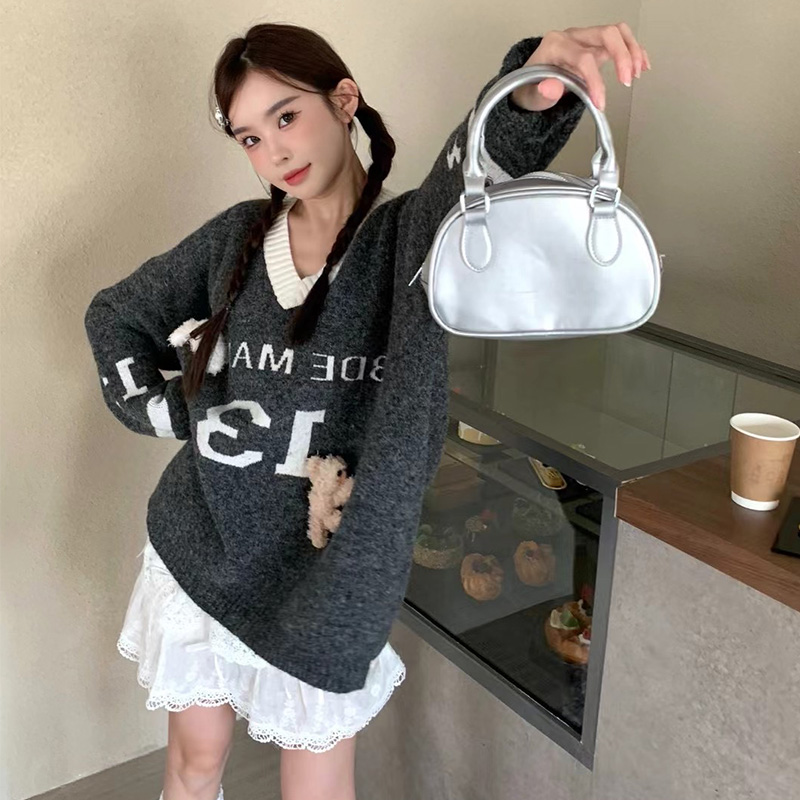 V-neck loose slim tops autumn and winter lazy sweater