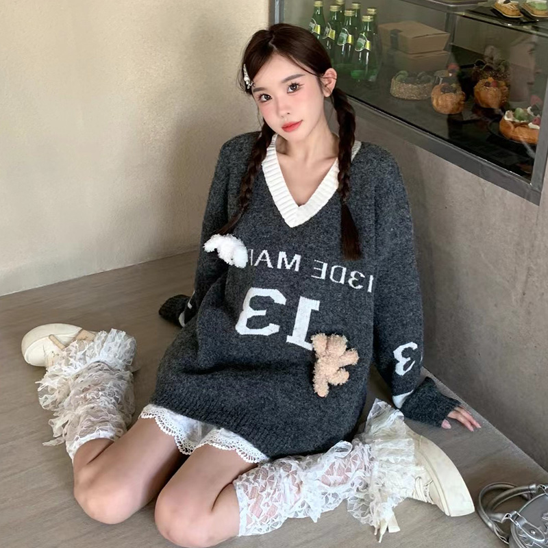 V-neck loose slim tops autumn and winter lazy sweater