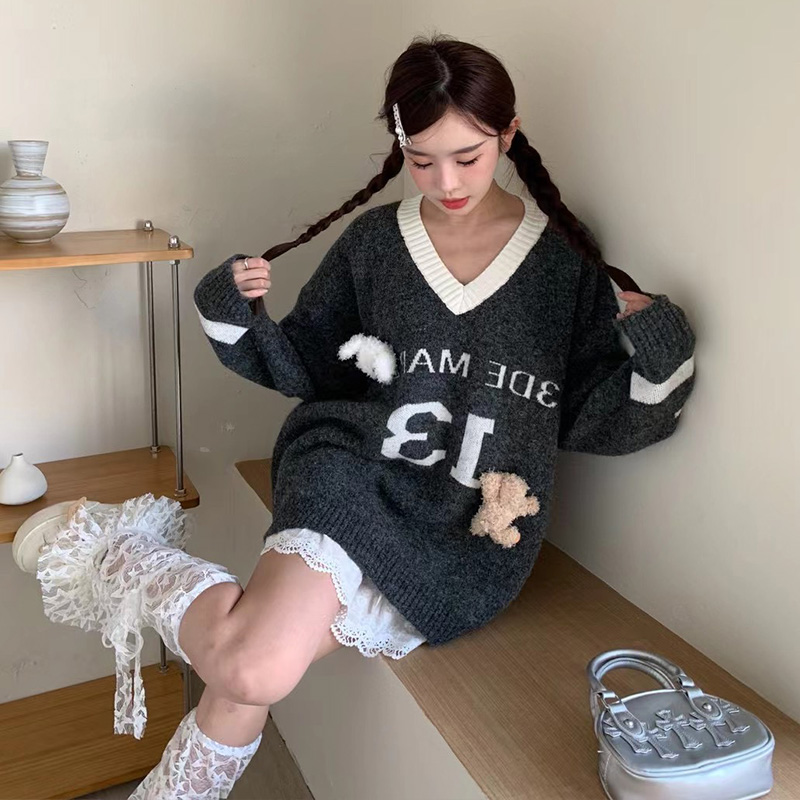 V-neck loose slim tops autumn and winter lazy sweater