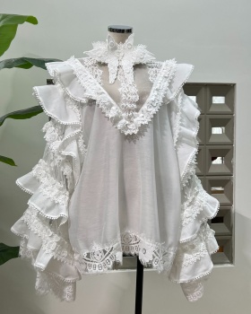 Pullover lace white all-match lotus leaf silk linen tops