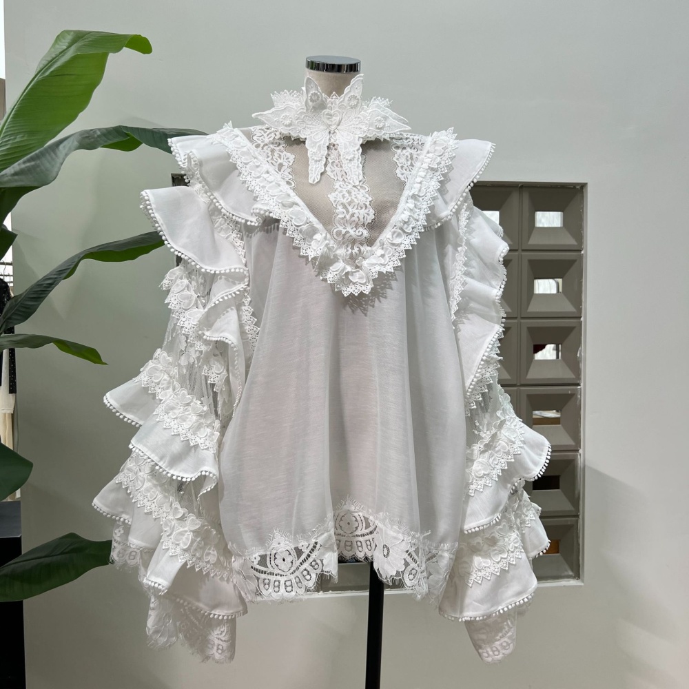 Pullover lace white all-match lotus leaf silk linen tops