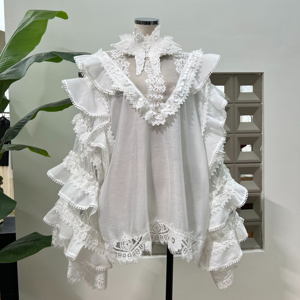 Pullover lace white all-match lotus leaf silk linen tops