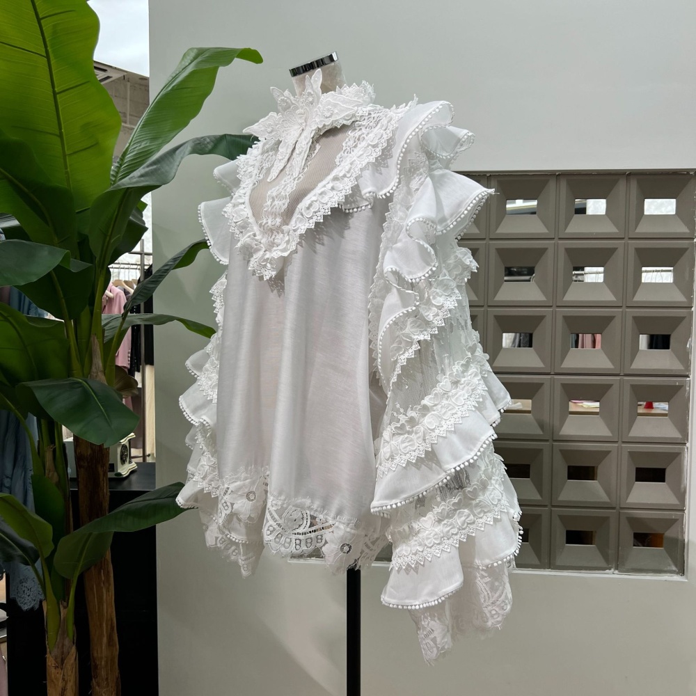 Pullover lace white all-match lotus leaf silk linen tops