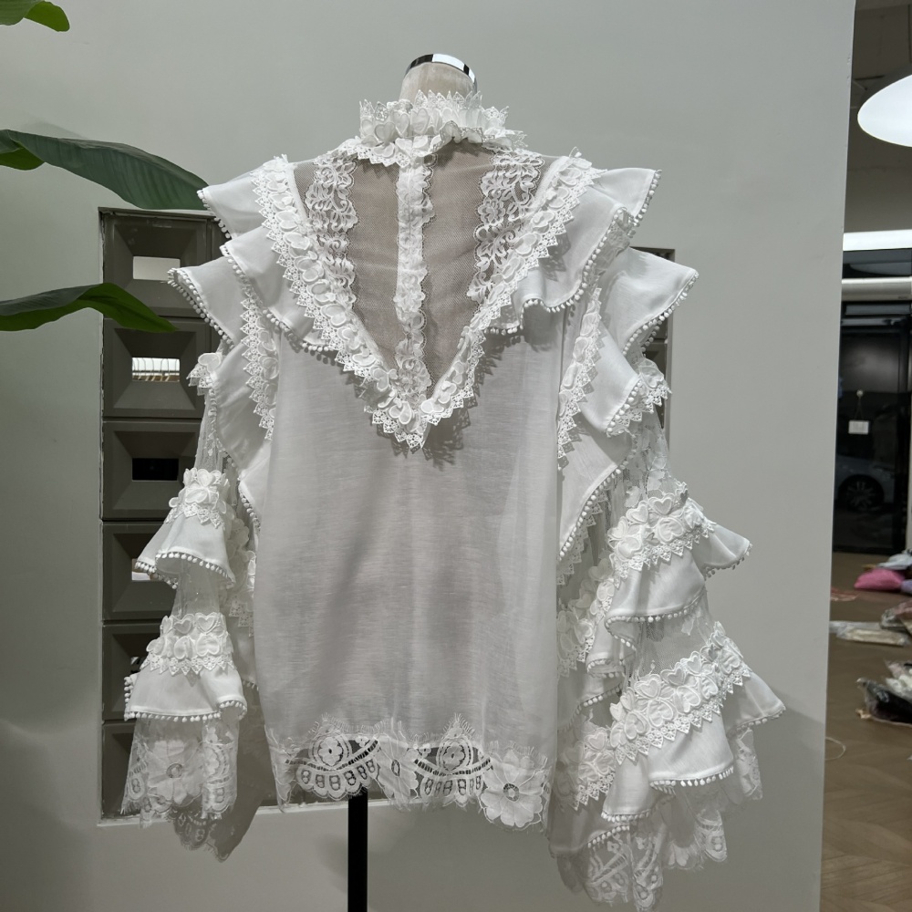 Pullover lace white all-match lotus leaf silk linen tops
