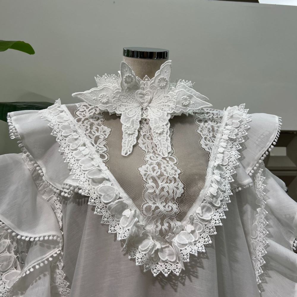 Pullover lace white all-match lotus leaf silk linen tops