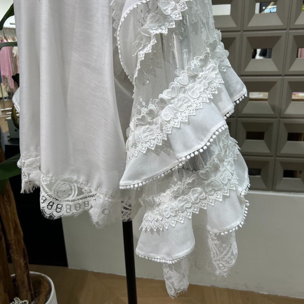 Pullover lace white all-match lotus leaf silk linen tops