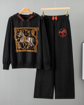 Hooded loose knitted wide leg pants 2pcs set