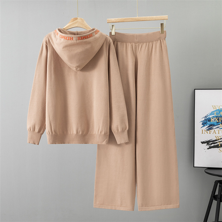 Hooded loose knitted wide leg pants 2pcs set