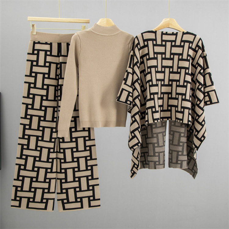 Jacquard sweater fashion shawl 3pcs set for women