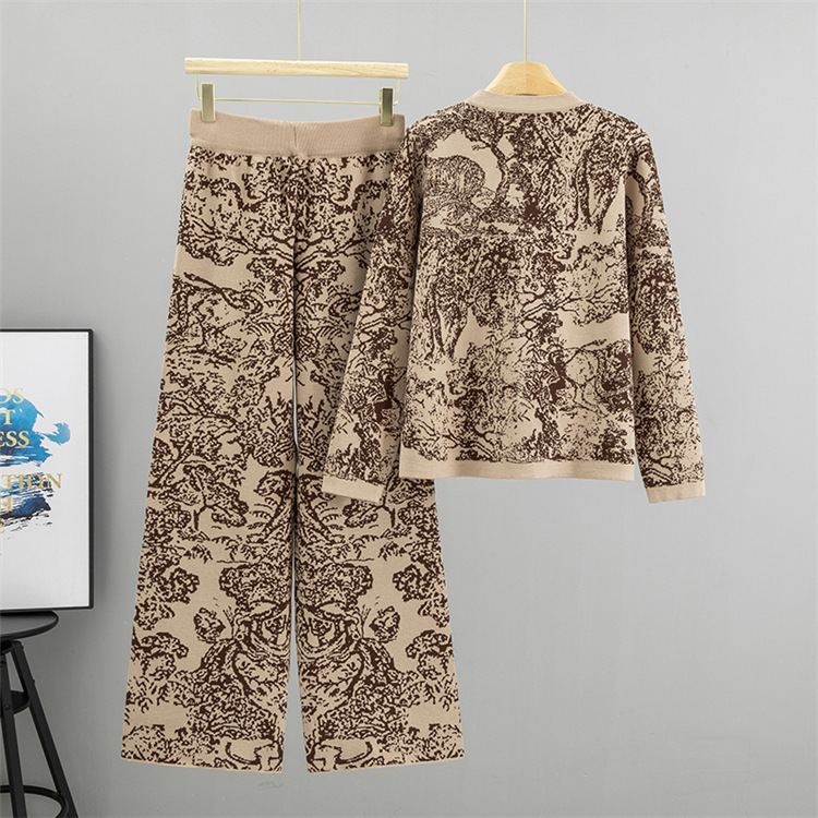 Jacquard fashion sweater round neck cardigan 2pcs set
