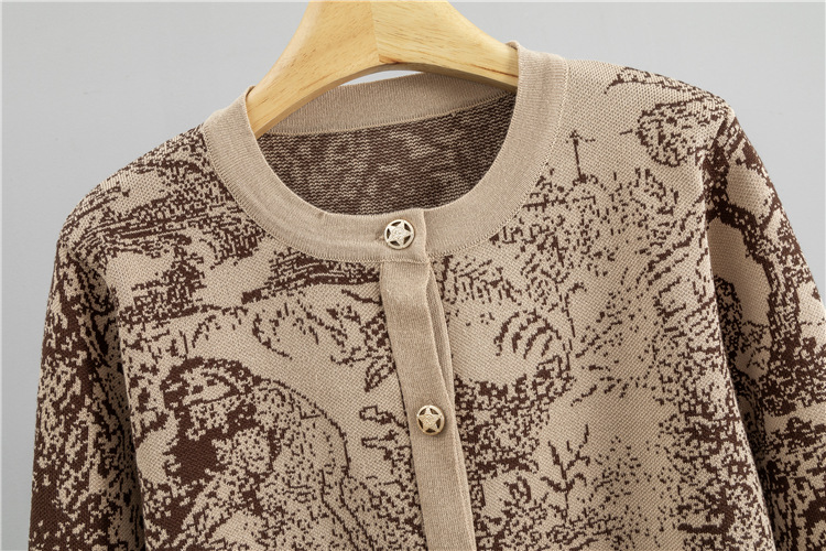 Jacquard fashion sweater round neck cardigan 2pcs set