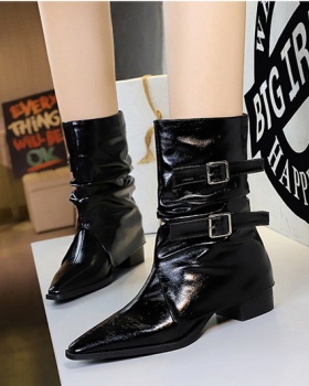 Middle cylinder pointed denim thick boots for women