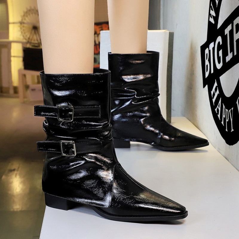 Middle cylinder pointed denim thick boots for women