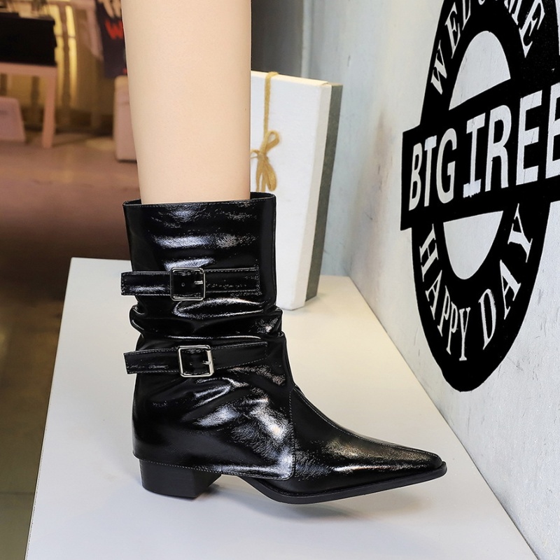 Middle cylinder pointed denim thick boots for women