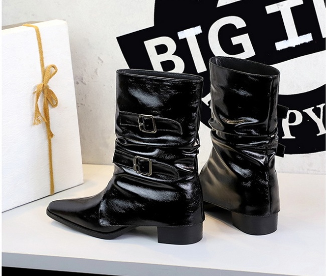 Middle cylinder pointed denim thick boots for women