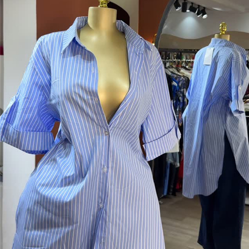 Short sleeve fashion shirt single-breasted long tops for women