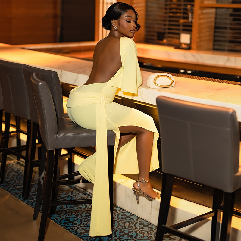 Halter yellow sexy split slim temperament dress
