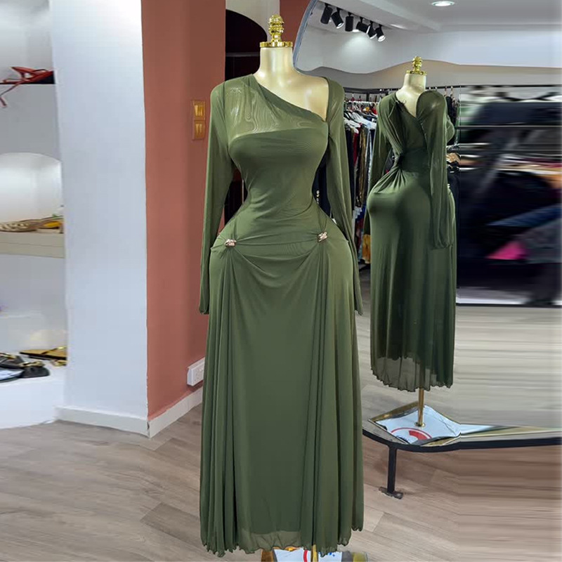 Oblique collar sweet dress autumn long dress for women