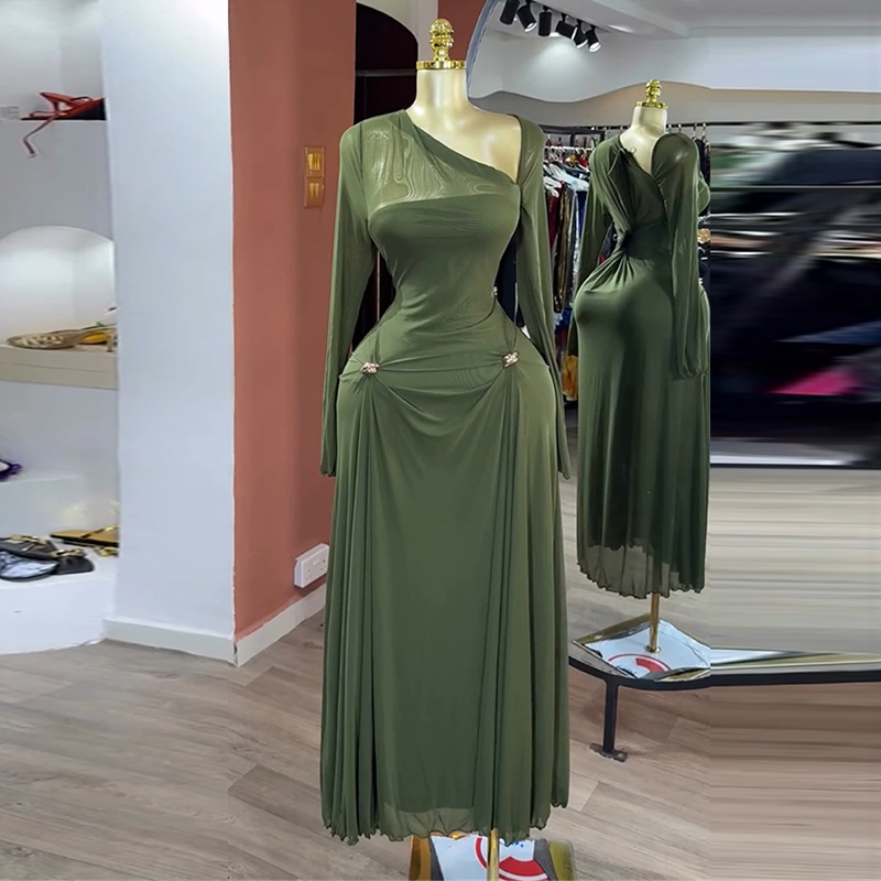 Oblique collar sweet dress autumn long dress for women