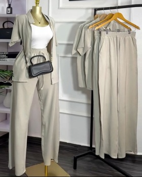 Lapel frenum short sleeve long pants wide leg Casual shirt a set