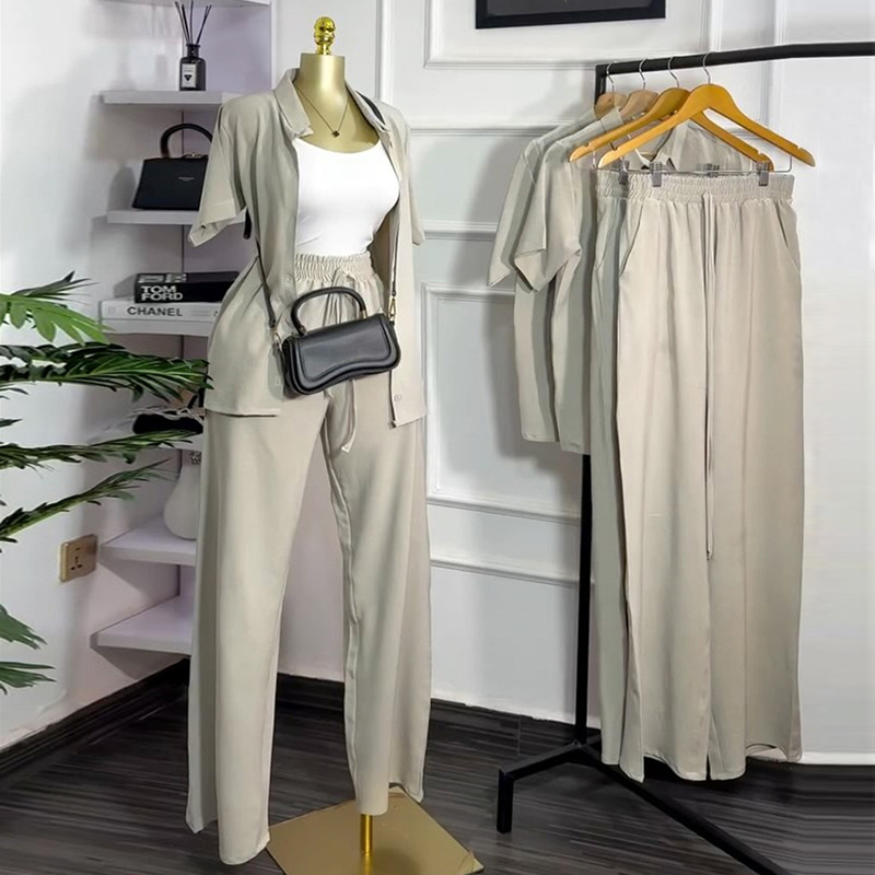 Lapel frenum short sleeve long pants wide leg Casual shirt a set