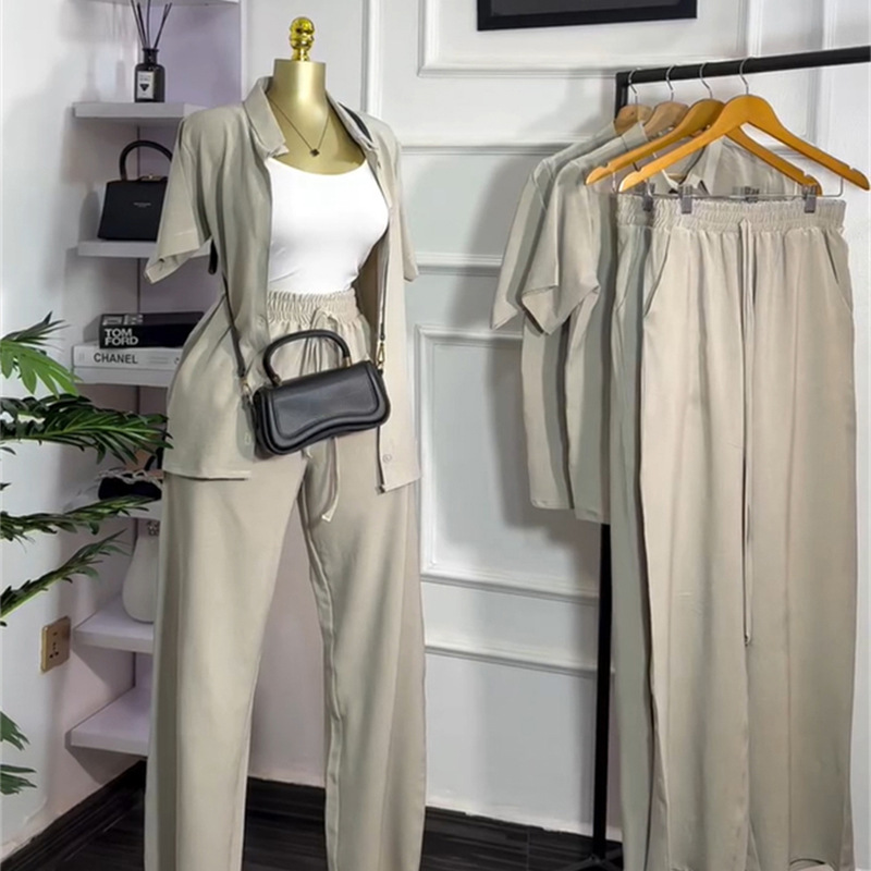 Lapel frenum short sleeve long pants wide leg Casual shirt a set