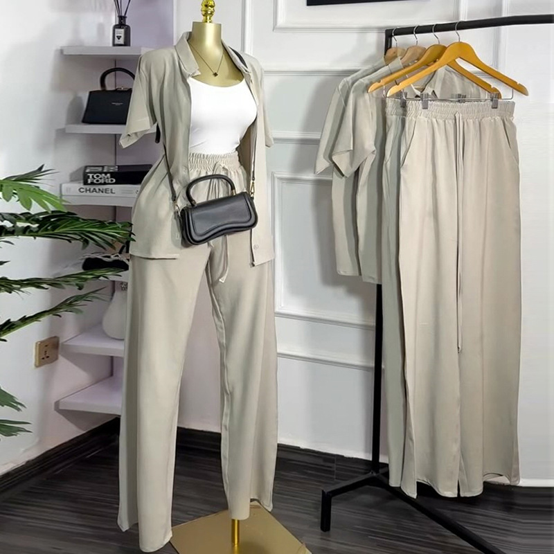 Lapel frenum short sleeve long pants wide leg Casual shirt a set