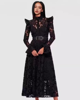 High waist hook flower cardigan cstand collar dress