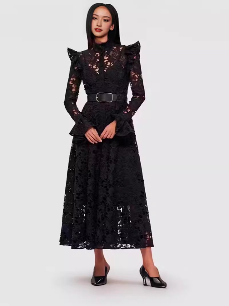 High waist hook flower cardigan cstand collar dress