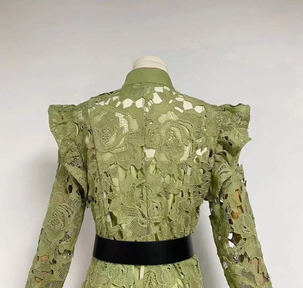 High waist hook flower cardigan cstand collar dress