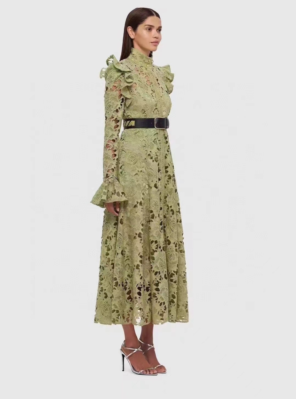 High waist hook flower cardigan cstand collar dress