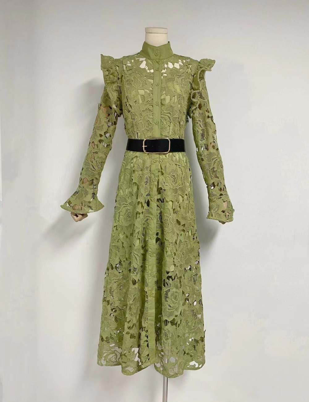 High waist hook flower cardigan cstand collar dress
