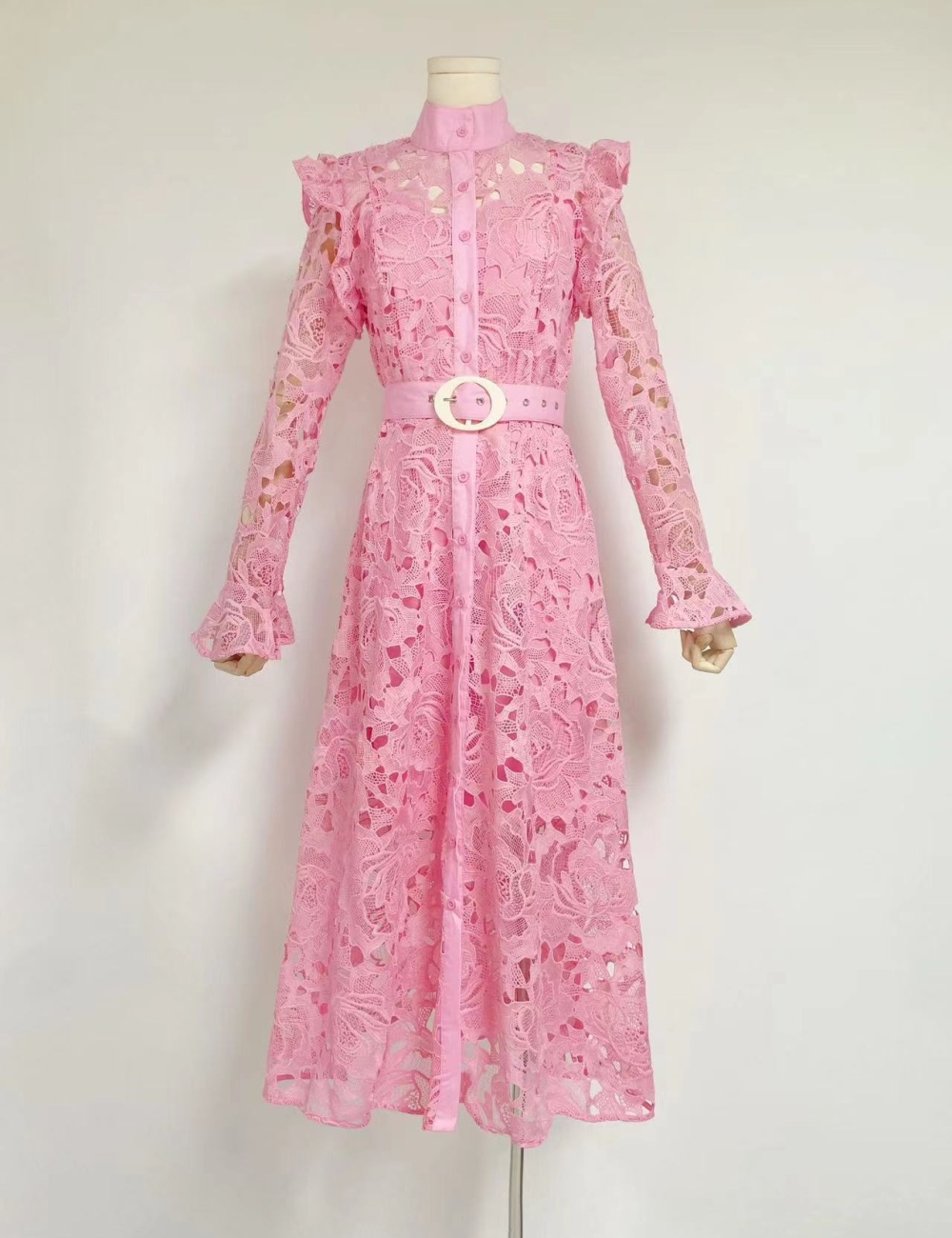 High waist hook flower cardigan cstand collar dress