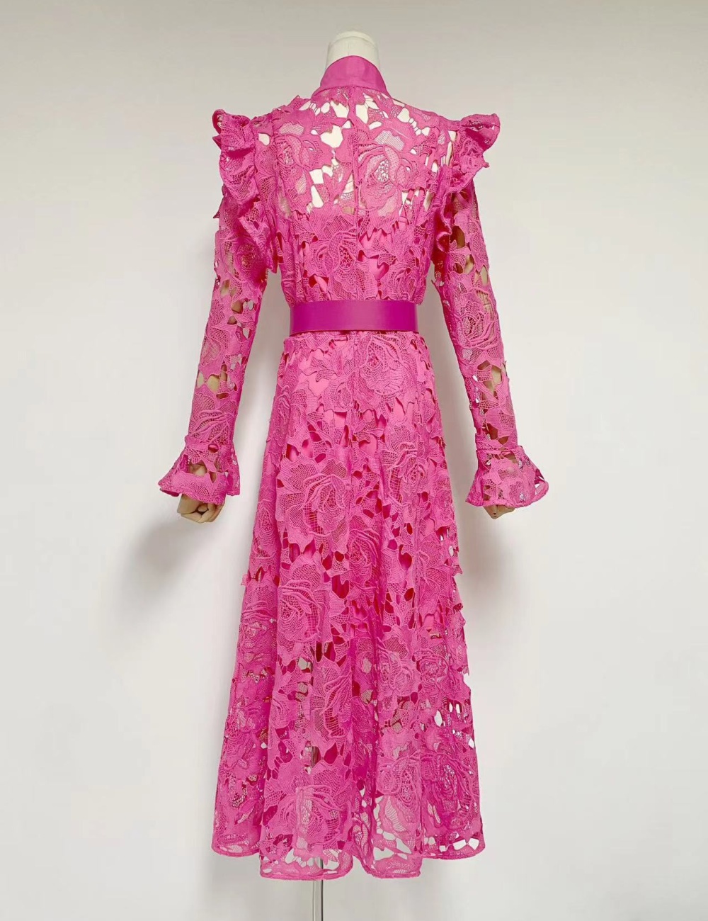 High waist hook flower cardigan cstand collar dress