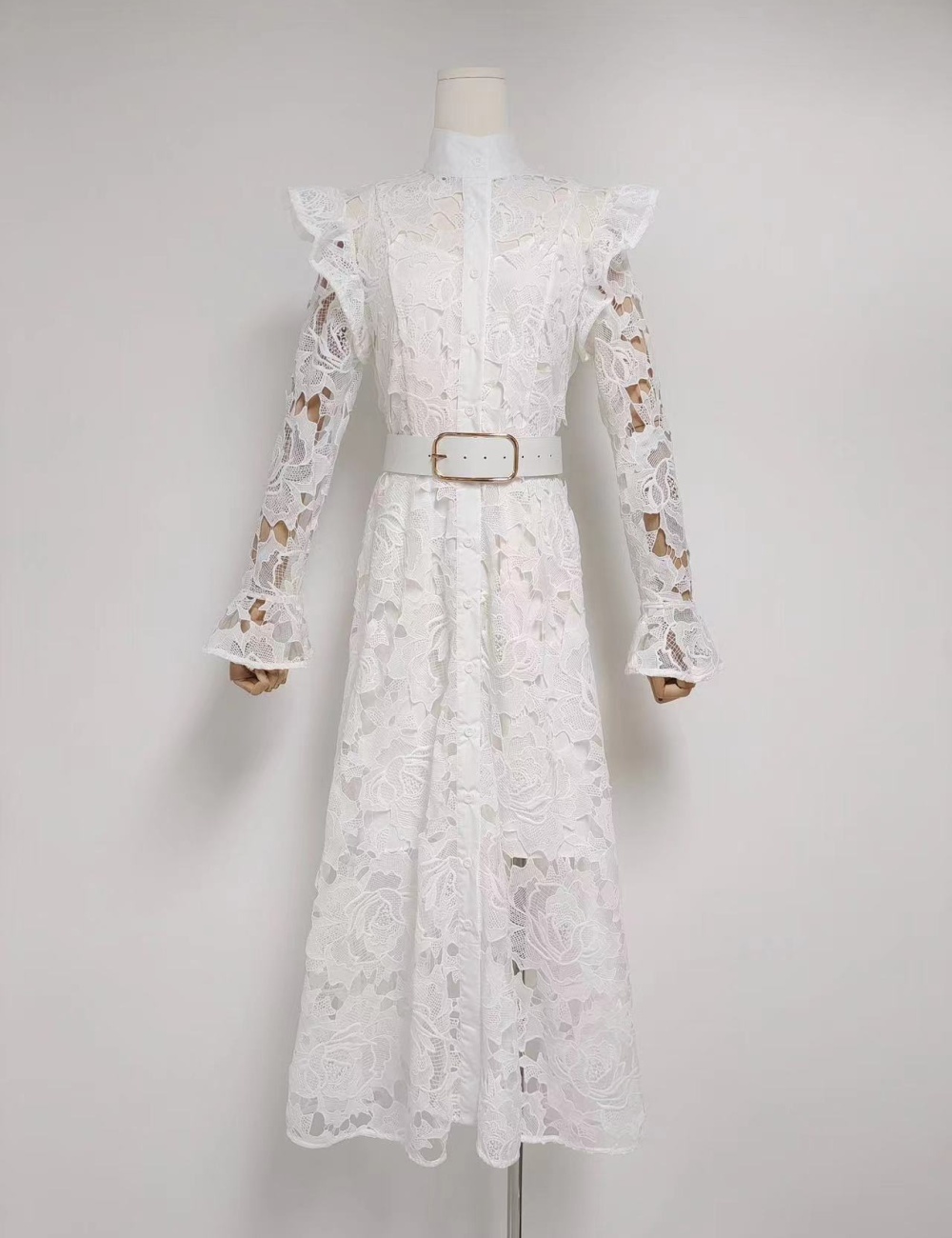 High waist hook flower cardigan cstand collar dress