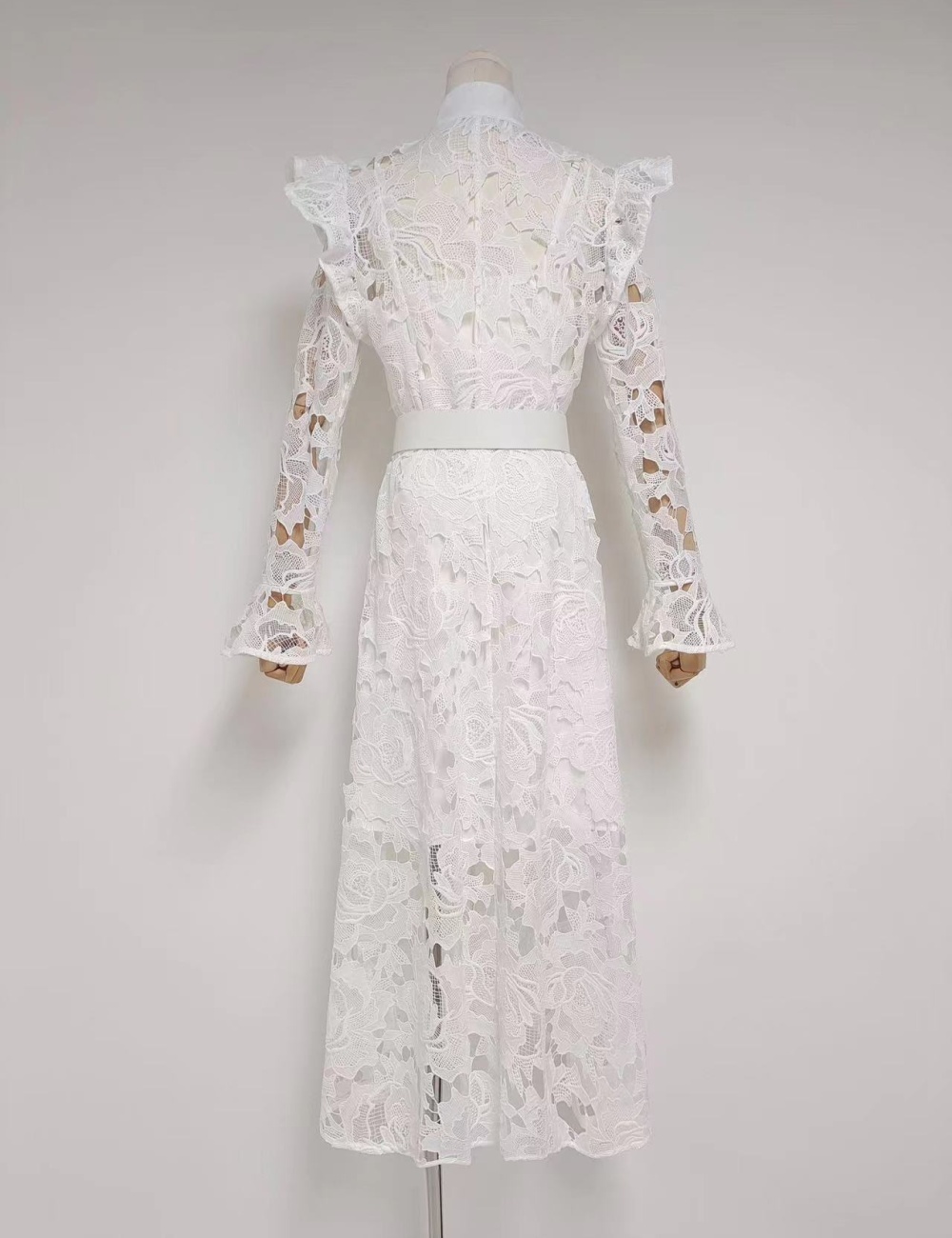 High waist hook flower cardigan cstand collar dress