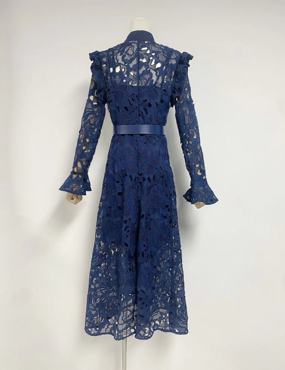 High waist hook flower cardigan cstand collar dress
